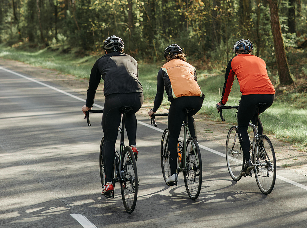 Trzech rowerzystow w lesie