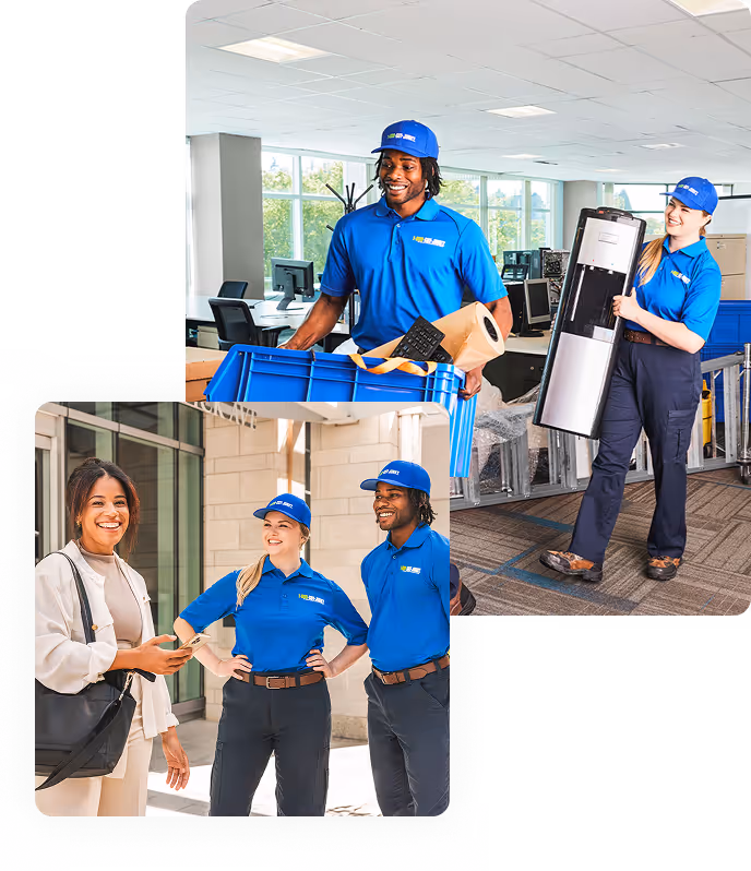 Two 1-800-GOT-JUNK? team members removing business junk and talking with business owner