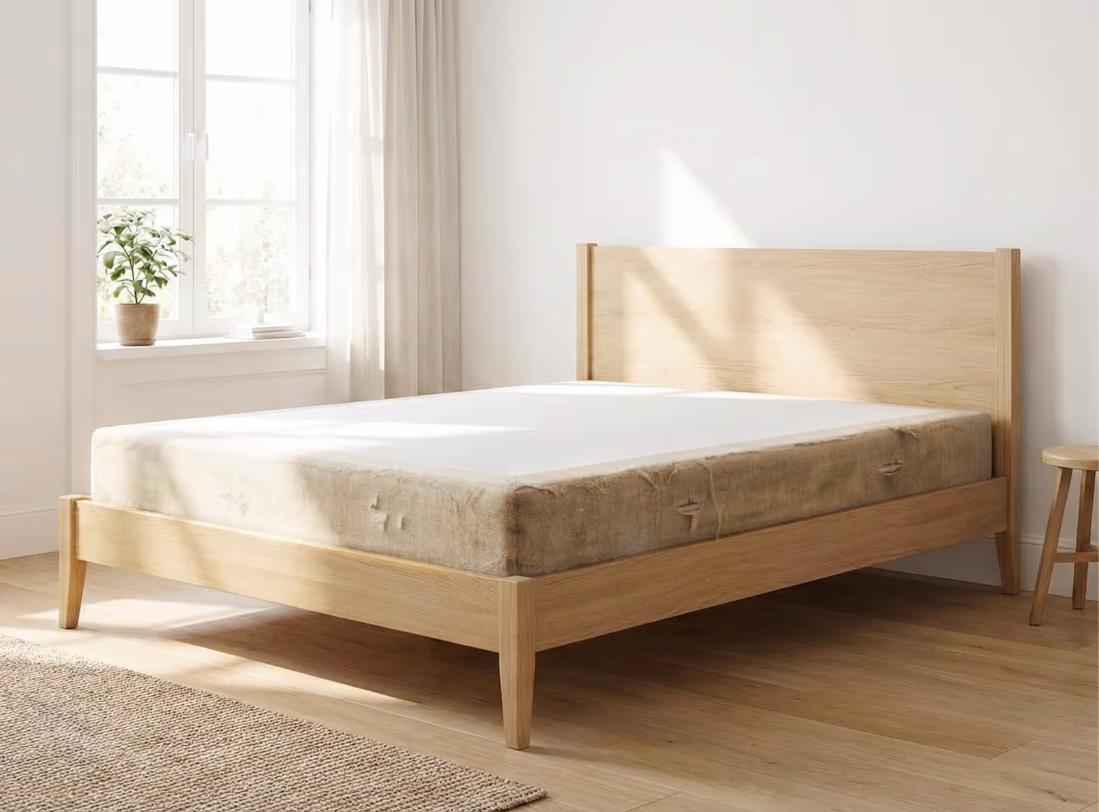 Minimalist bedroom with a light wood bed frame, mattress, round wooden stool, and a window with a potted plant.