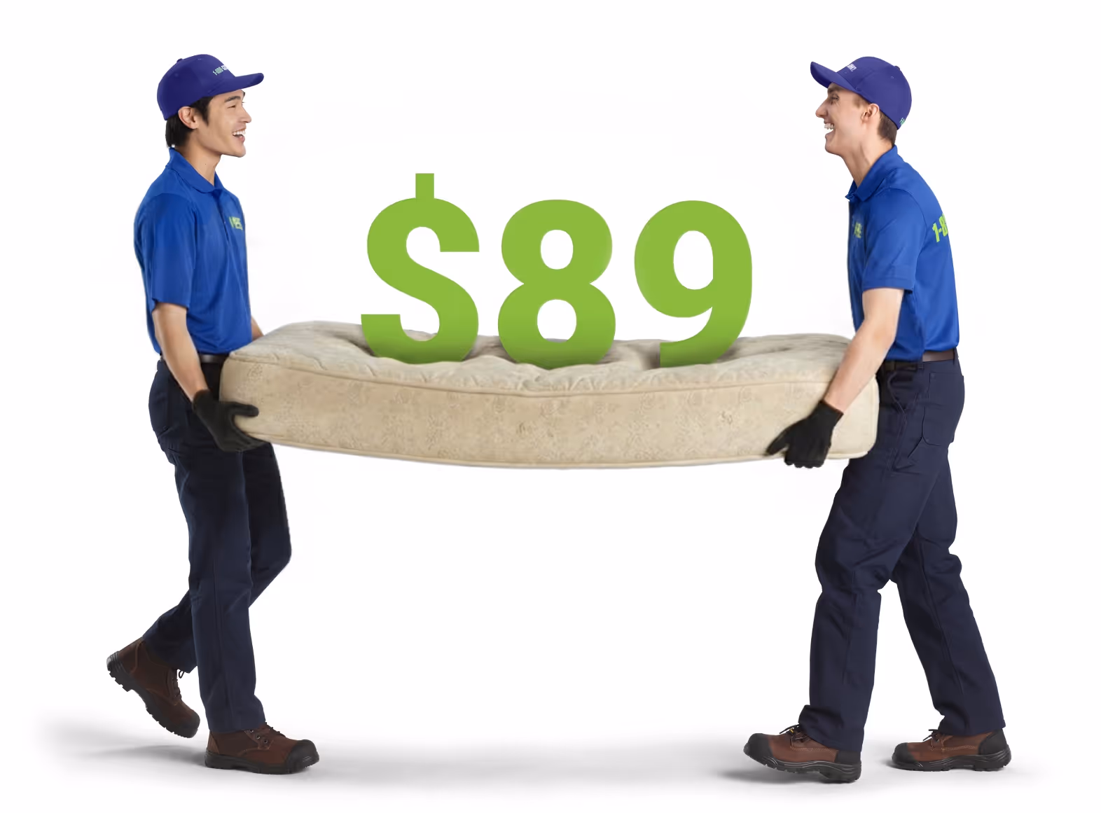 Two movers in blue uniforms carrying a mattress with a large green $59 price tag over the mattress.