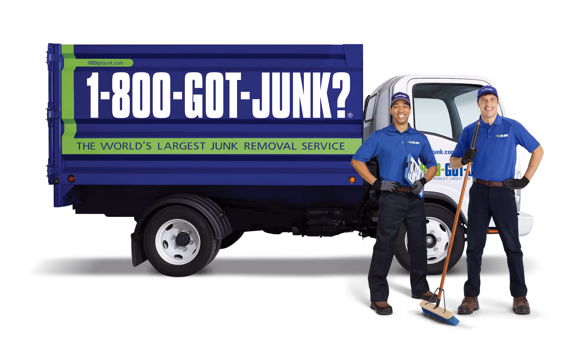 Two uniformed workers standing next to a 1-800-GOT-JUNK? truck.