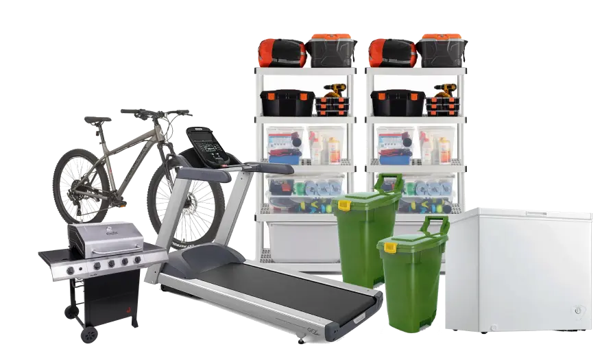A bike, storage containers, treadmill, BBQ, freezer and bins to illustrate a medium truckload for 1-800-GOT-JUNK?