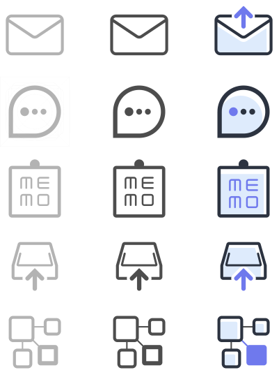 Grid of 15 communication and interface icons in three columns showing variations of mail, chat, memo, upload, and network symbols.