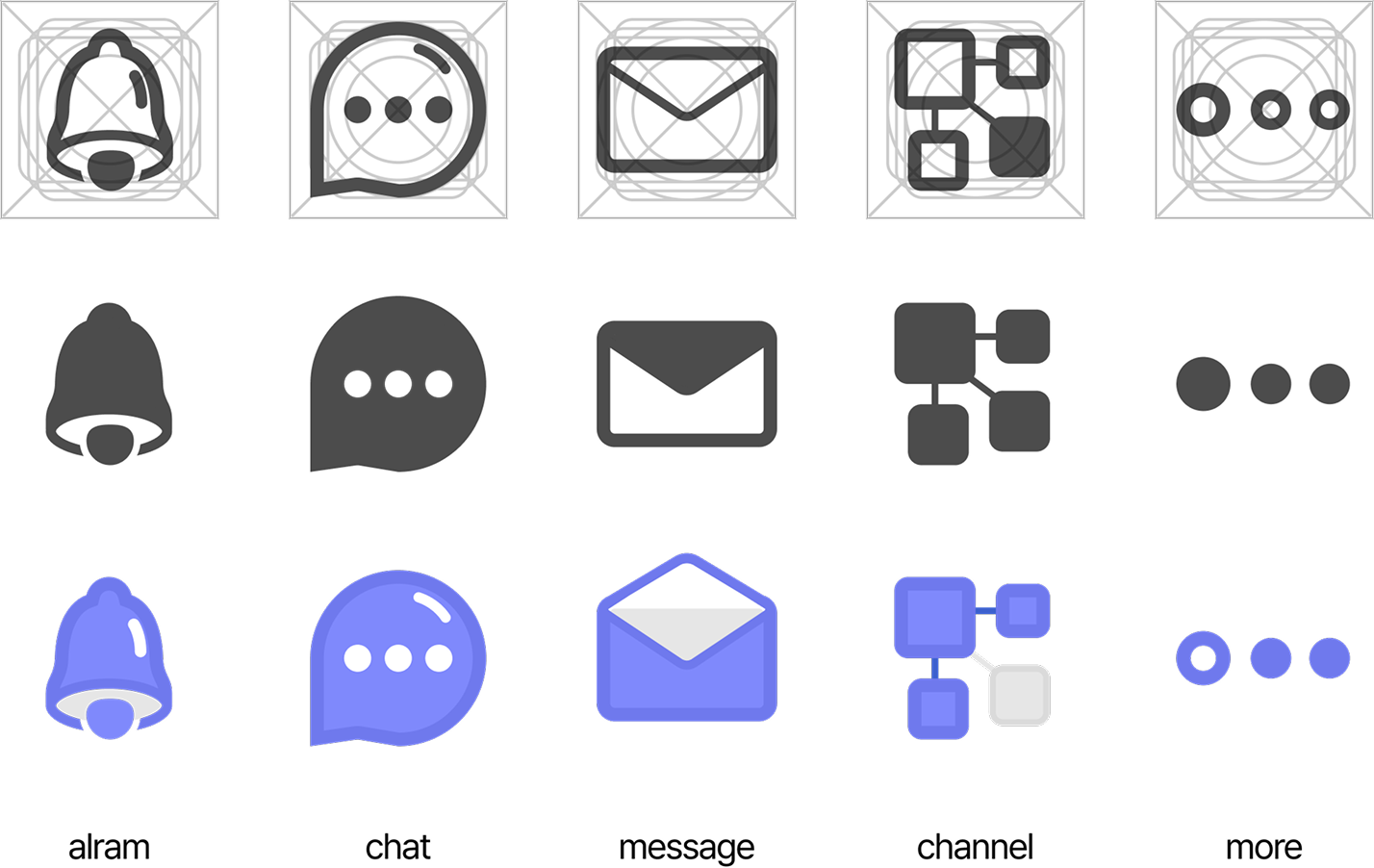 Comparison of two rows of interface icons including bell, chat bubble with three dots, envelope, connected squares, and three horizontal dots.
