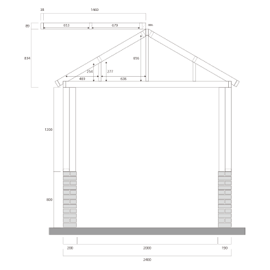 Architectural side elevation drawing of a building with detailed roof truss dimensions and supporting columns on a foundation.