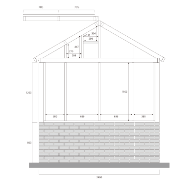 Architectural side elevation drawing of a greenhouse with detailed measurements of walls, windows, and roof components.