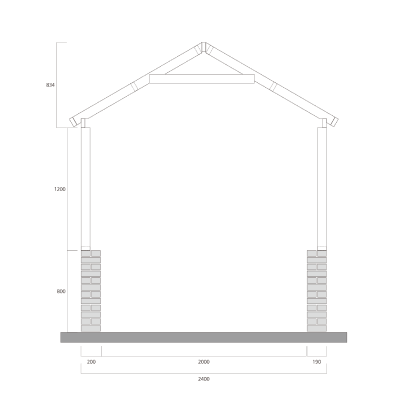 Technical cross-section drawing of a structure with roof truss, showing vertical posts supported by brick bases and dimensions in millimeters.