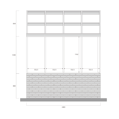 Architectural front elevation plan of a greenhouse wall with detailed dimensions including 2400 mm width and multiple vertical window panels above a brick base.