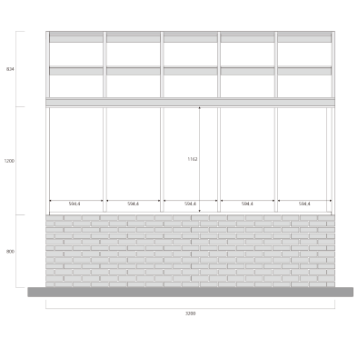 Technical elevation drawing of a greenhouse wall with measurements showing a brick lower section and five glass panels above, topped with a row of smaller windows.