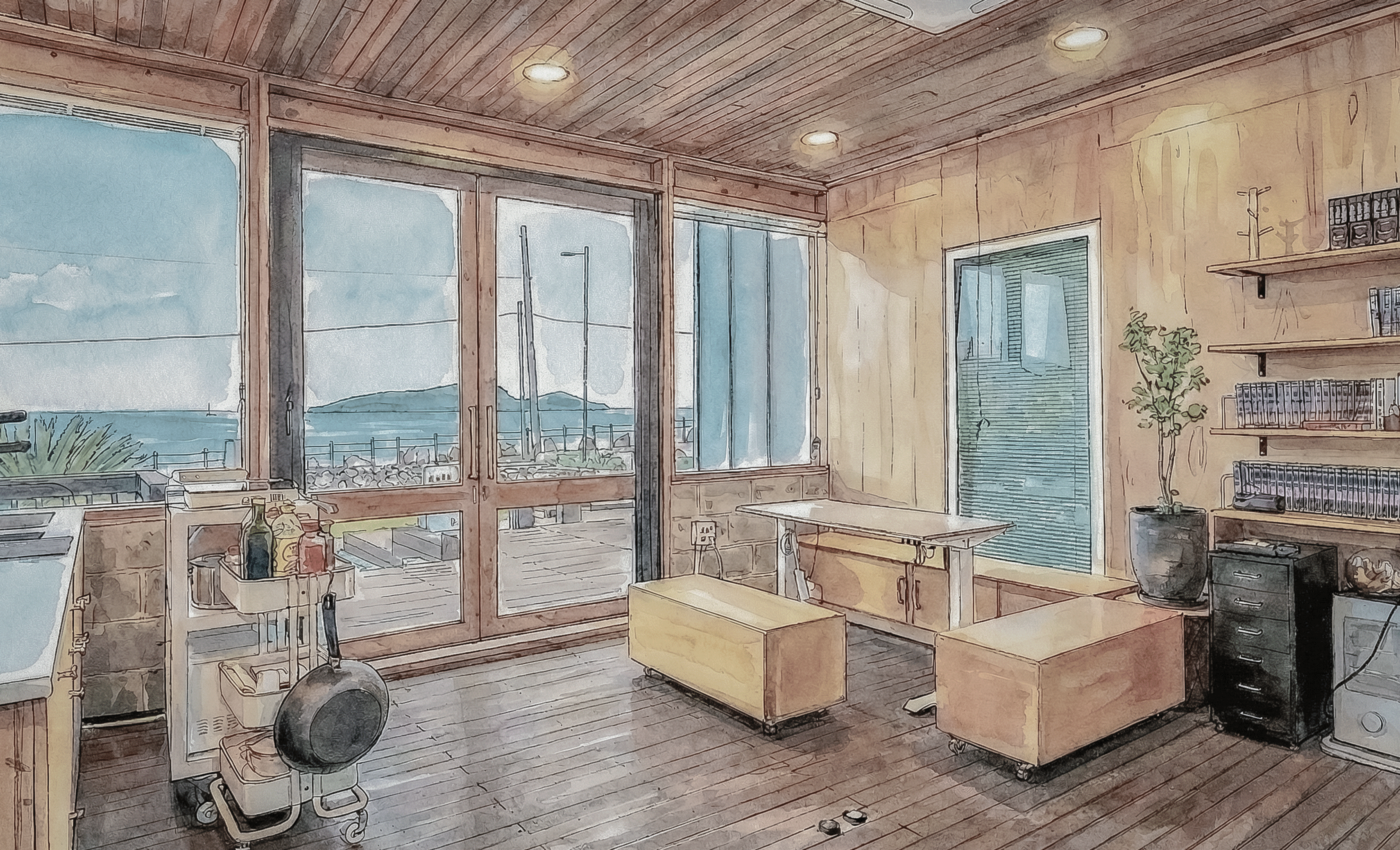 Watercolor-style illustration of a wooden room with large windows showing a seaside view, two rolling benches, a small white table with shelves, bookshelves on the right, and a potted plant.