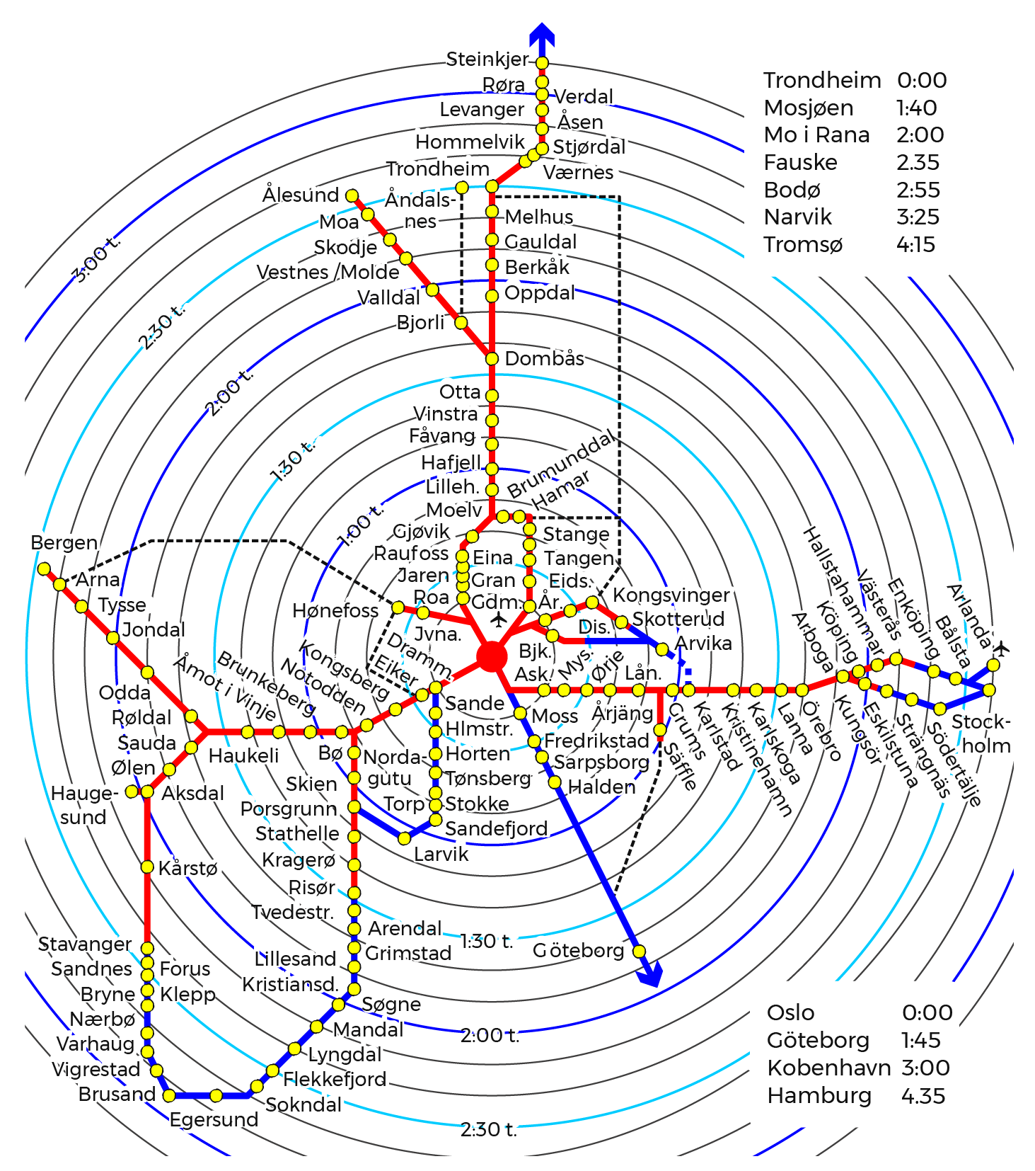 Kart med reisetider til/fra Oslo