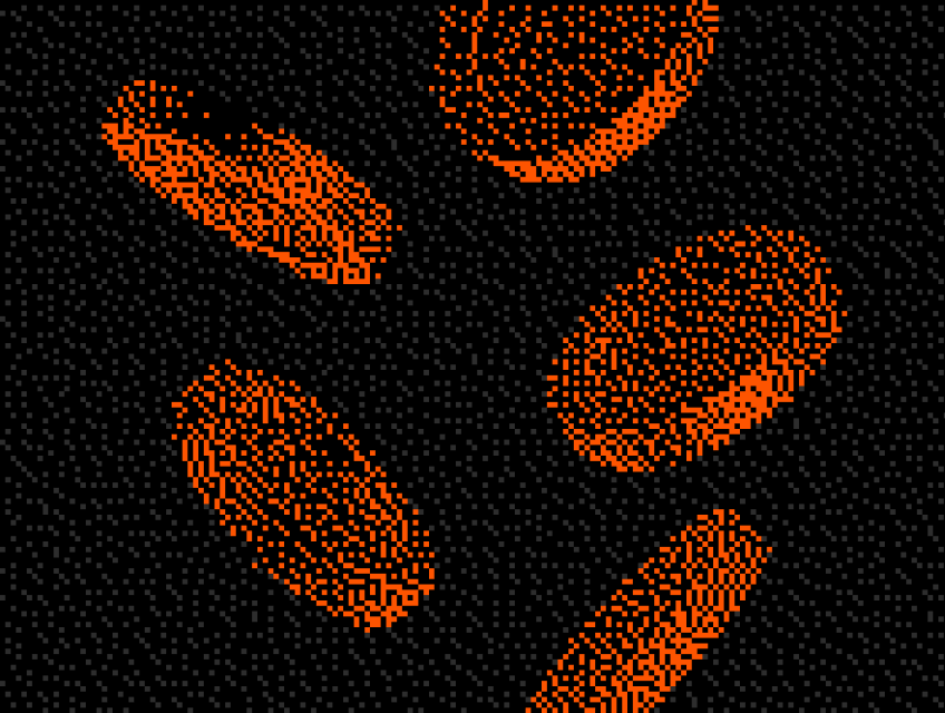 Pixelated digital art showing five orange, elongated oval shapes scattered on a black background.