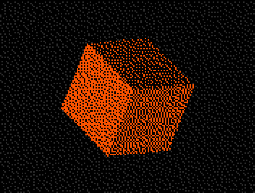 3D orange pixelated cube with a black pixelated background.