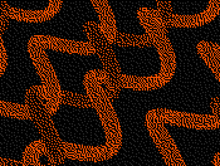 Orange pixelated abstract shapes winding against a black pixelated background.