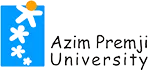 Azim Premji University logo featuring a blue vertical panel with white floral designs and a stylized yellow sun above the text.
