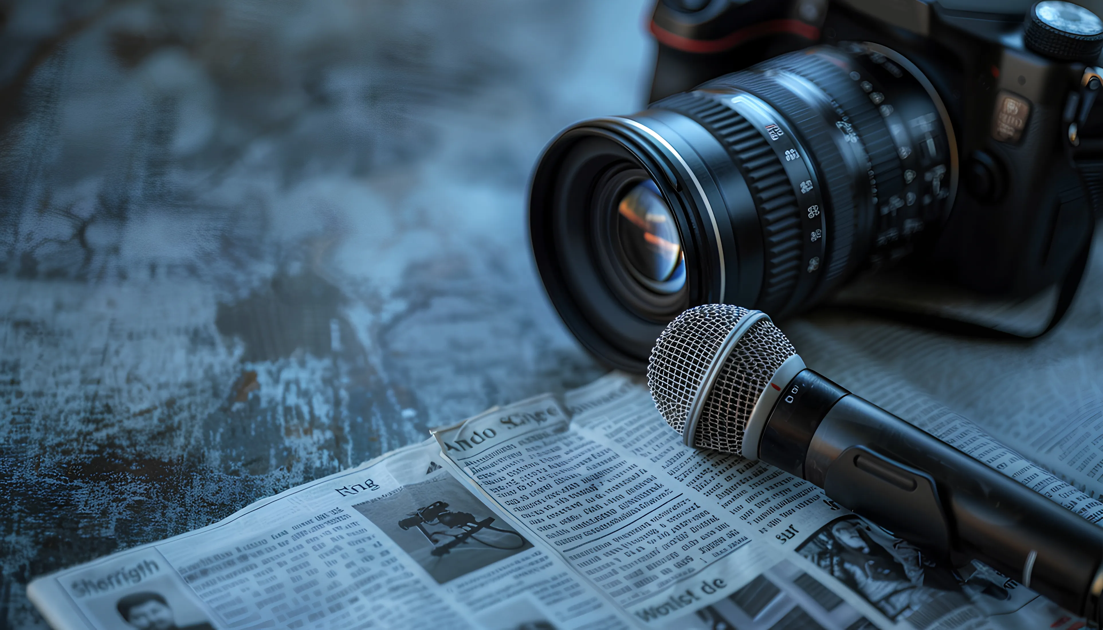 Wireless microphone and DSLR camera placed on a newspaper on a textured blue surface.