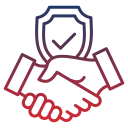 Two hands shaking with a shield and checkmark symbol above, representing trusted agreement or security.