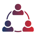 Three stylized human figures connected in a circular network, symbolizing collaboration or social connection.