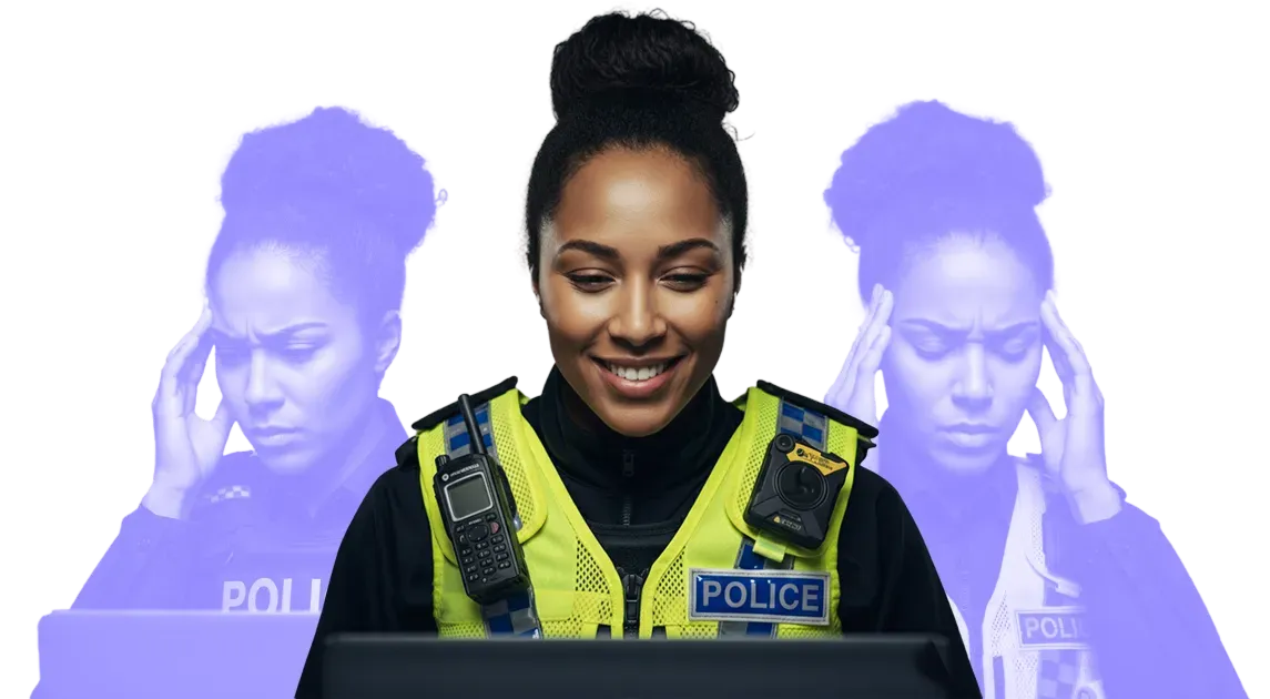 Smiling female police officer in yellow vest looking at a laptop, with two faded images of her appearing stressed in the background.