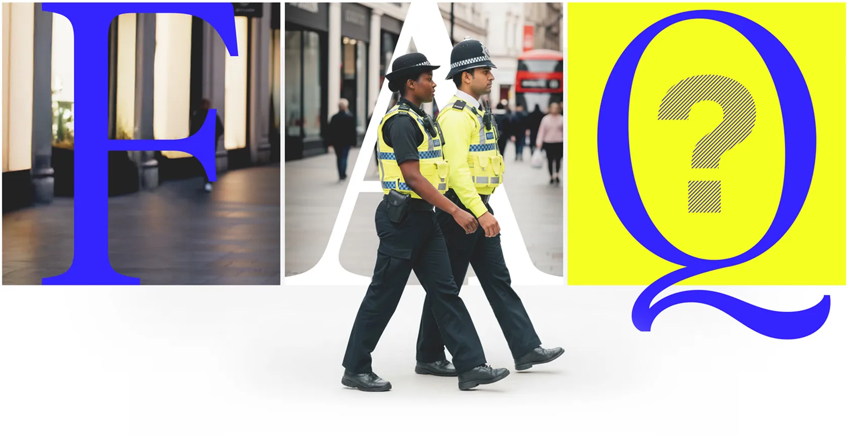 Two uniformed police officers walking side by side on a city street with large colorful letters F, A, and Q in the background.