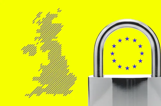 Metal padlock with European Union stars symbol inside the shackle next to a striped map outline of the United Kingdom on a yellow background.