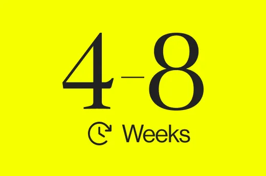 Black text on yellow background showing 4-8 with a clock icon and the word Weeks.