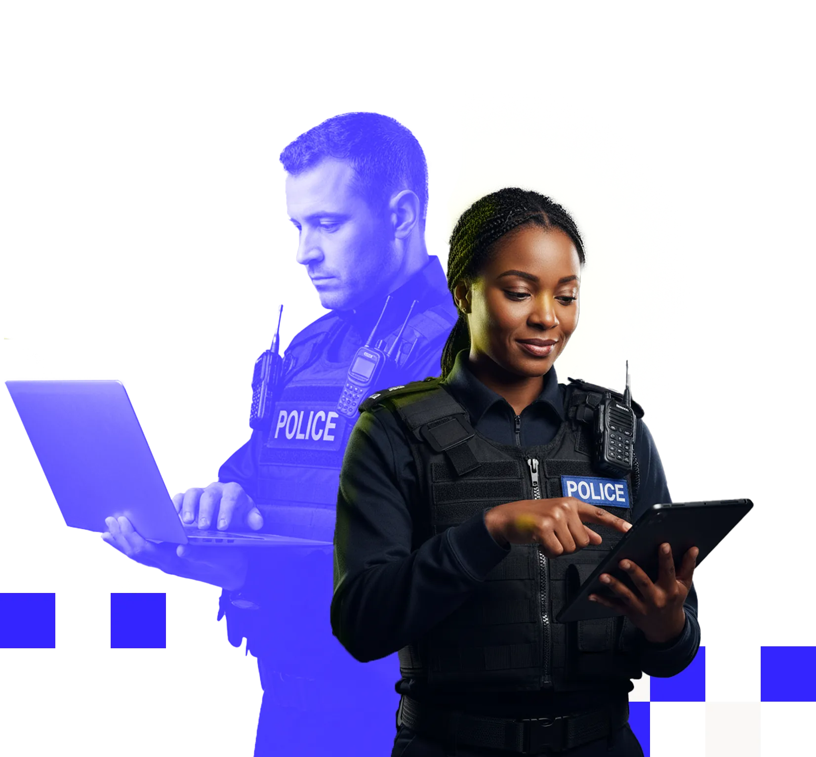 Female police officer smiling and using a tablet with a blue-tinted male police officer working on a laptop in the background.