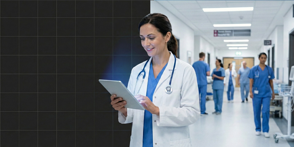 Female doctor in white coat using a tablet in a hospital corridor with medical staff in the background.