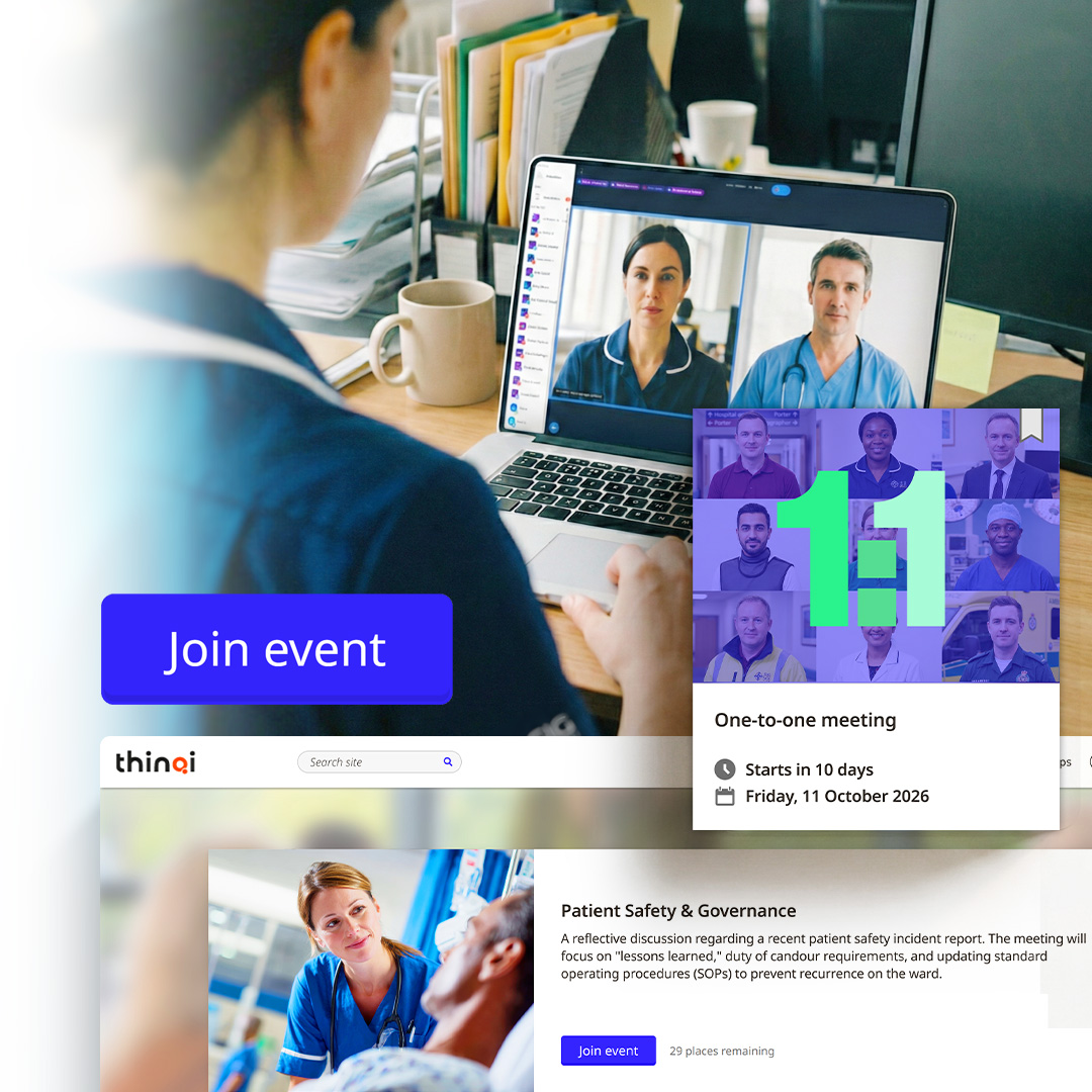 Person attending a virtual medical meeting on a laptop, with a one-to-one meeting notice and patient safety governance event details on screen.