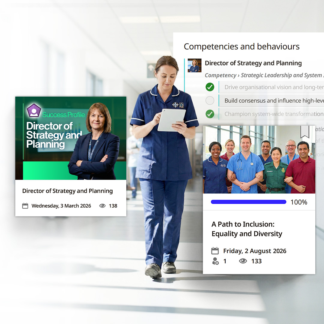 A nurse in blue uniform walks and holds a tablet in a bright hospital corridor, alongside floating cards showing leadership and diversity course information.