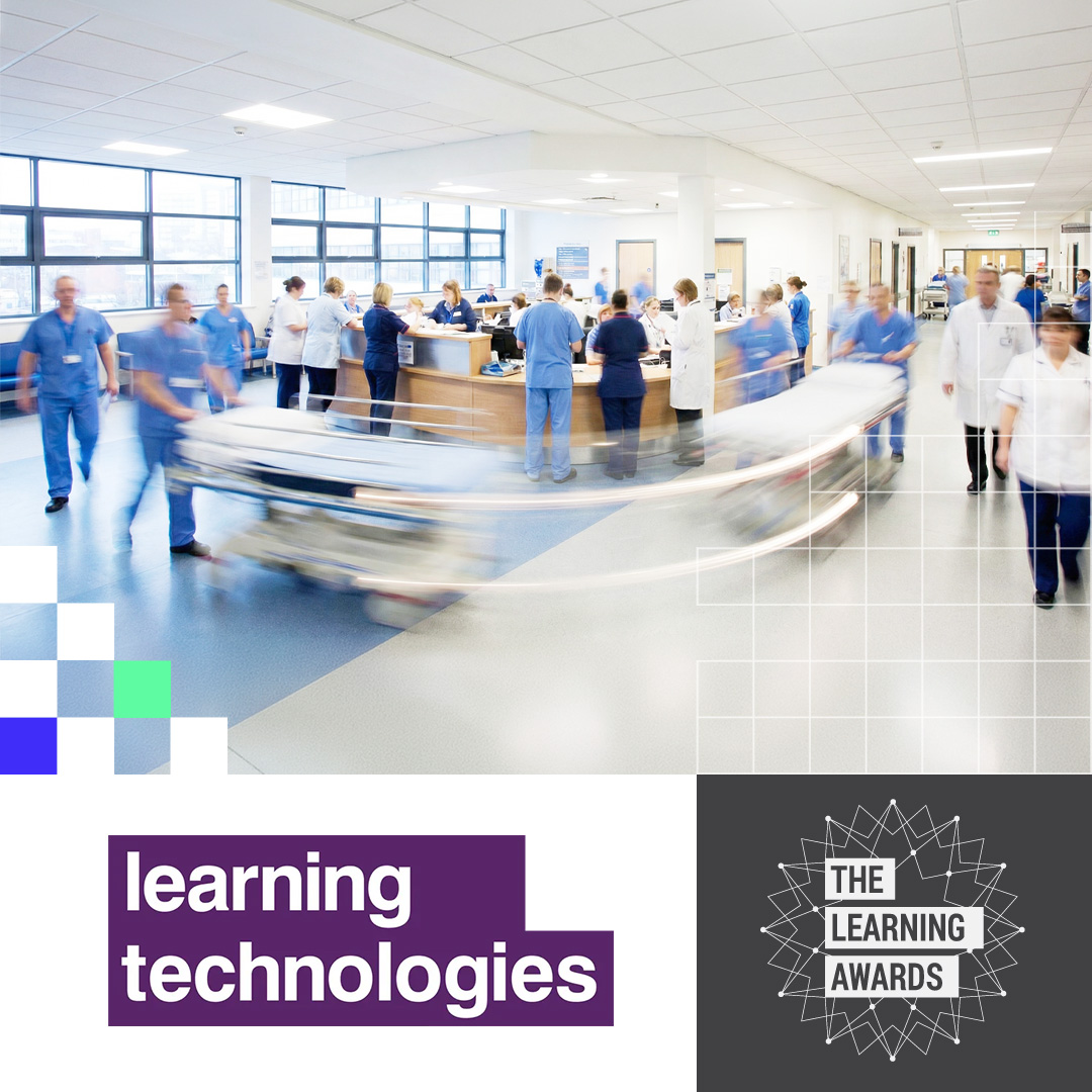 Busy hospital corridor with medical staff in scrubs moving quickly and a central nurse's station with staff attending to tasks.