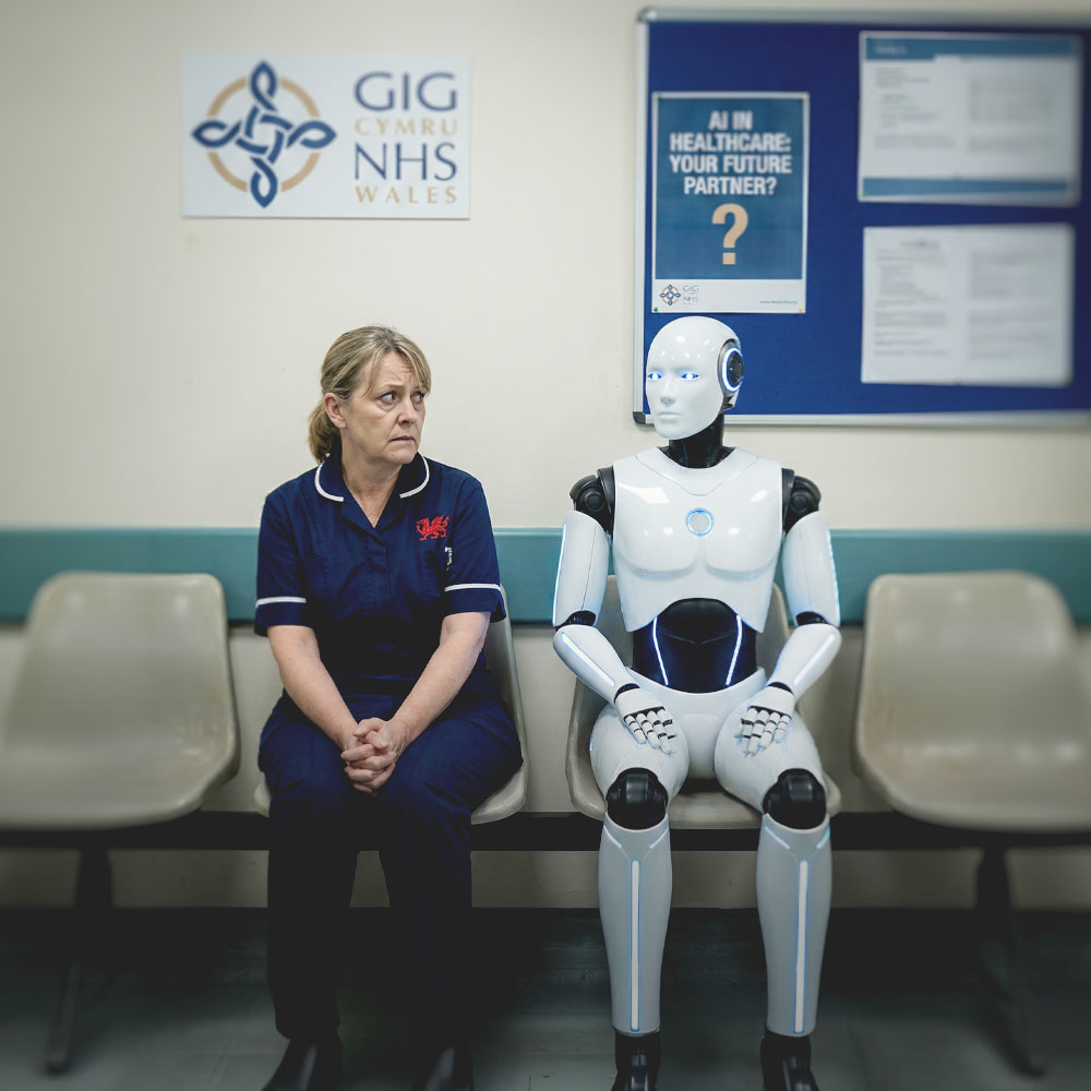 Nurse sitting next to a humanoid robot on chairs in a healthcare waiting area with NHS Wales signage and AI in healthcare poster.