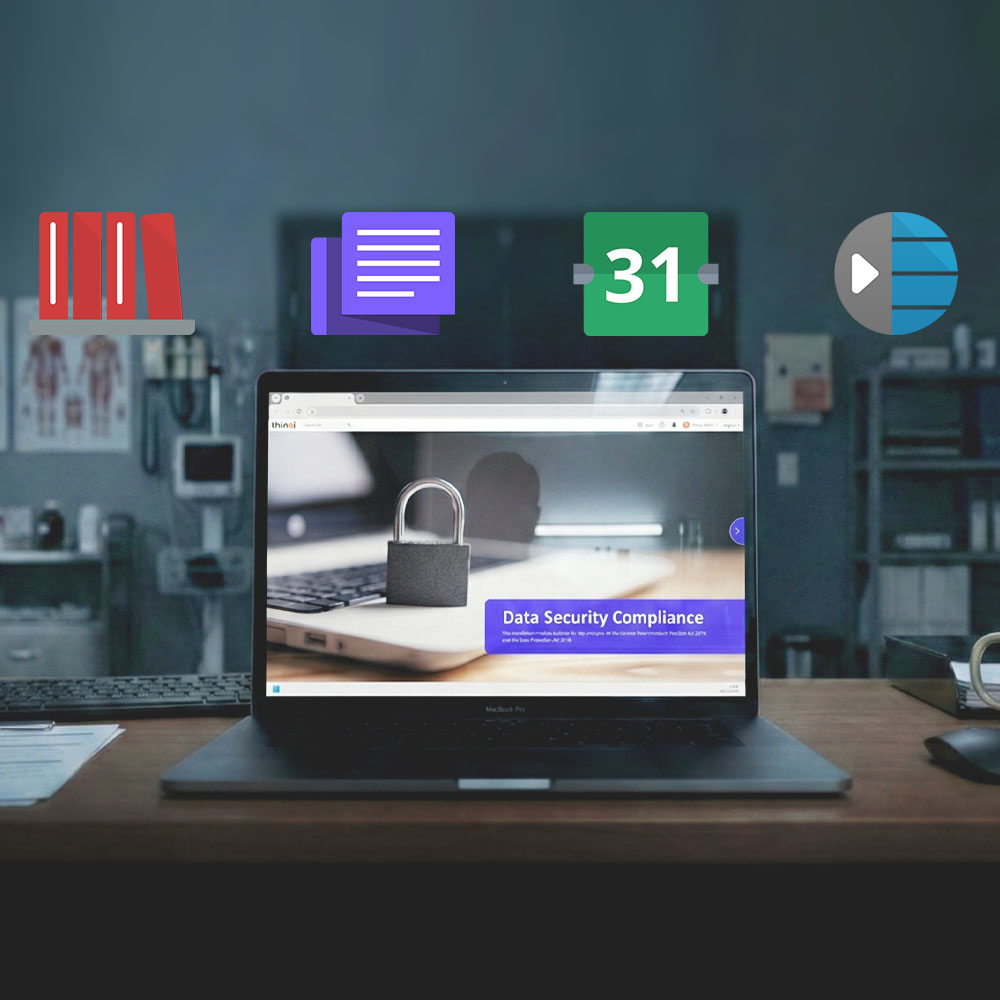 Laptop on a wooden desk showing a webpage about Data Security Compliance with a padlock image, surrounded by icons of books, documents, calendar, and a play button.