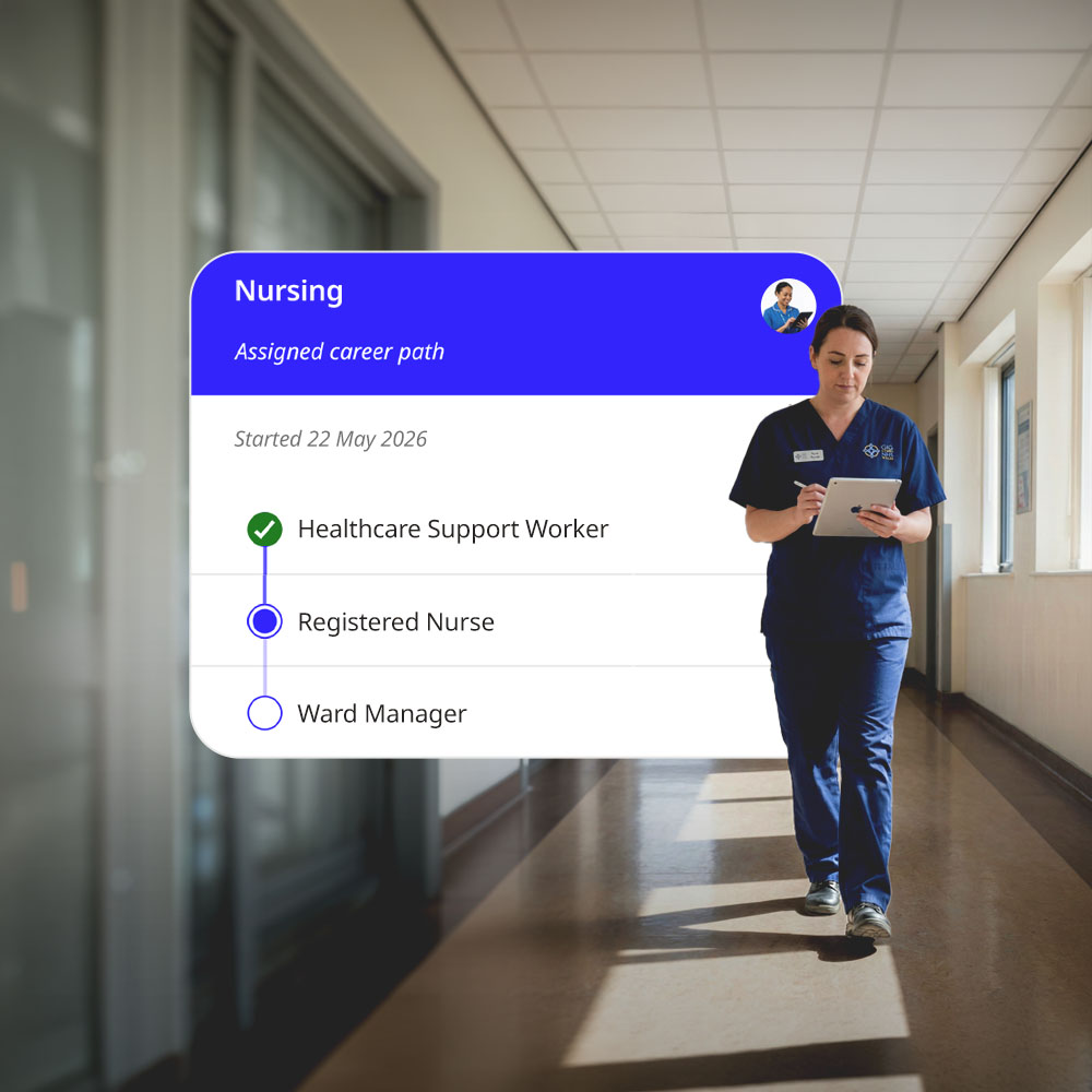 Nurse in blue scrubs walking down a hospital corridor and holding a tablet, with a digital overlay showing a nursing career path including Healthcare Support Worker, Registered Nurse, and Ward Manager roles.