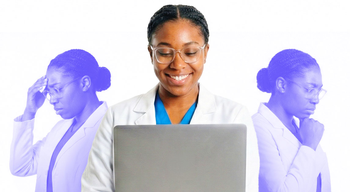 Smiling female doctor wearing glasses and a white coat using a laptop, with two translucent images of her looking stressed or thoughtful in the background.