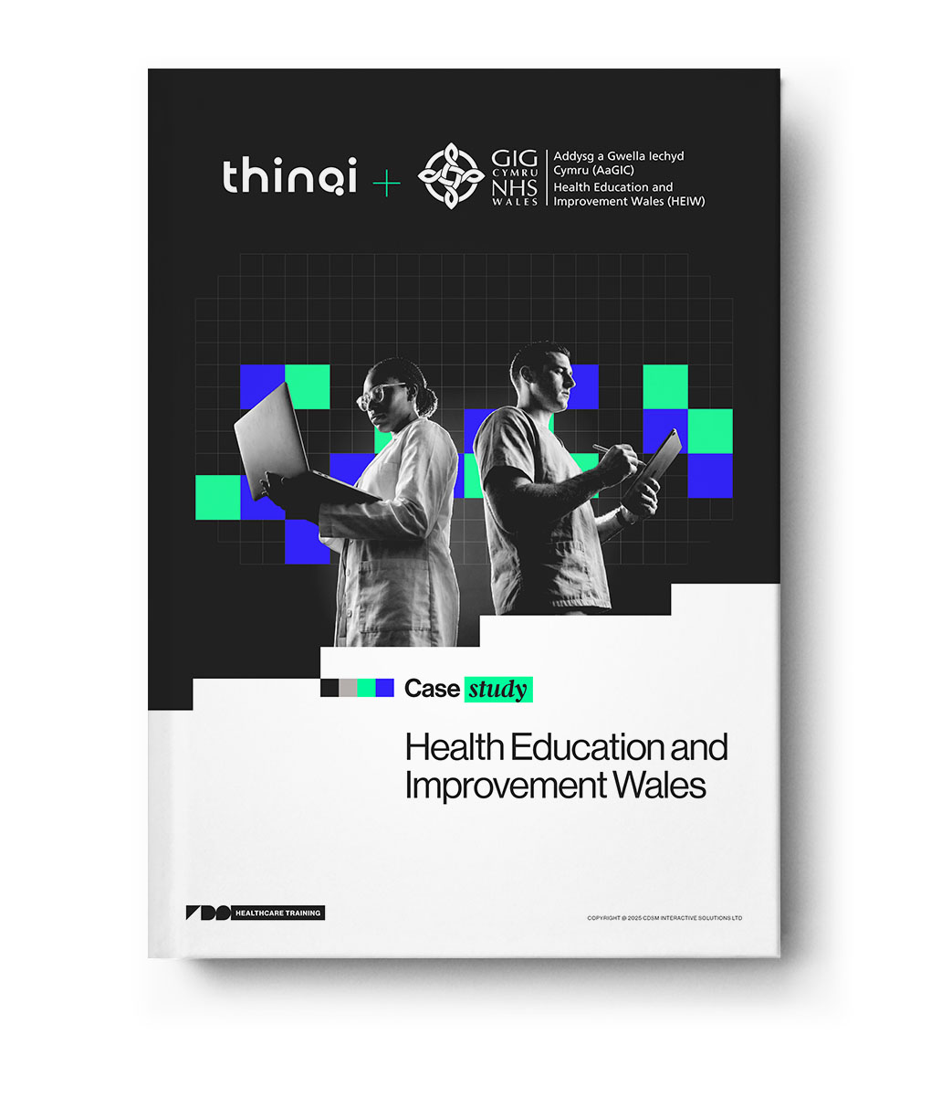 Cover of a case study report on Health Education and Improvement Wales showing two healthcare professionals back-to-back, one with a laptop, the other with a clipboard.