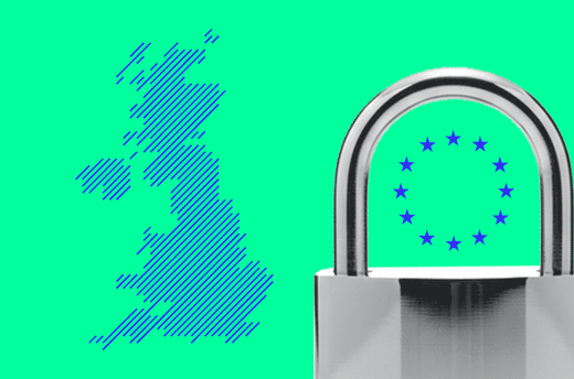 Illustration of the United Kingdom map formed by blue diagonal lines beside a silver padlock containing the European Union stars.