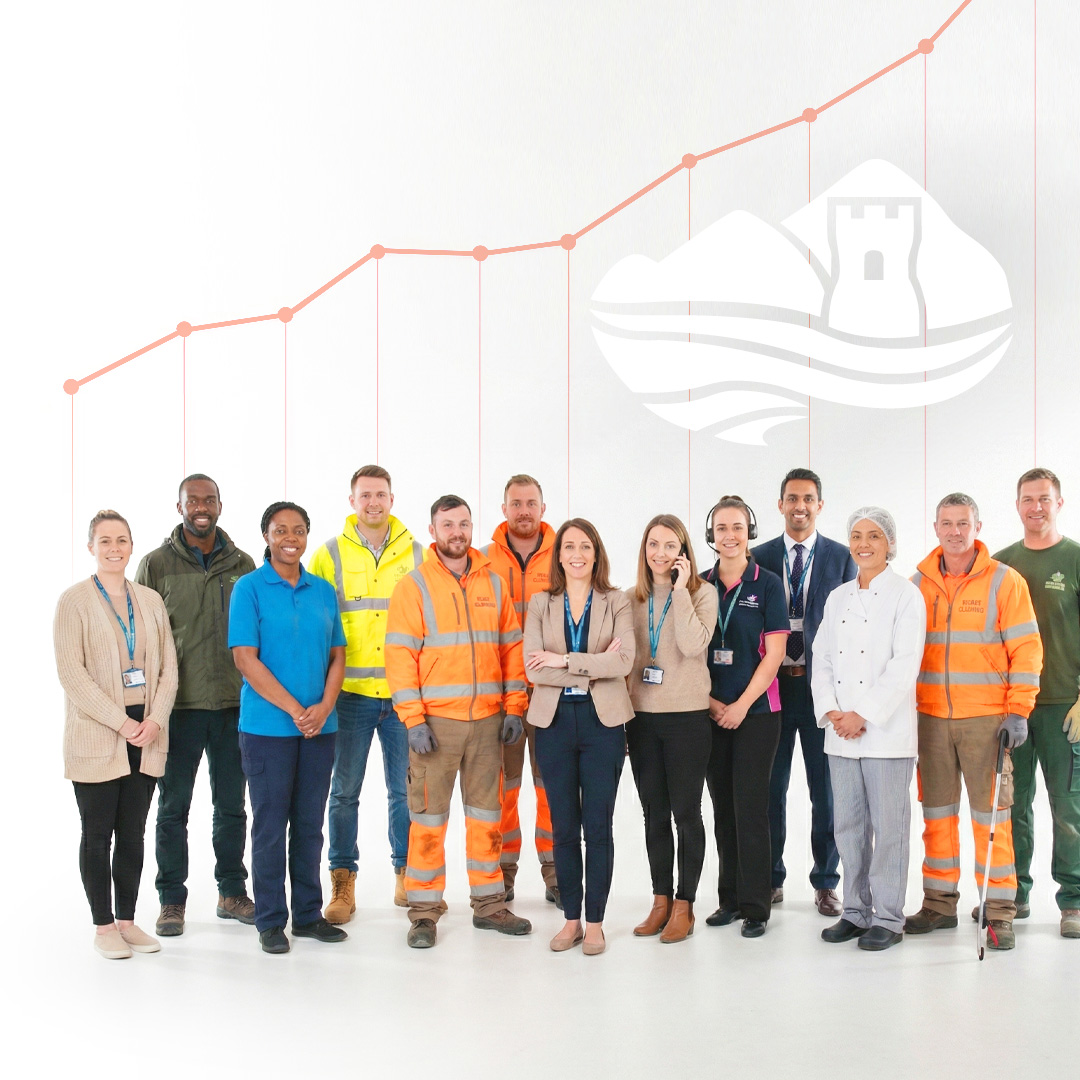 Diverse group of twelve professionals standing in a row wearing various work uniforms and business attire, with a rising line graph and a castle logo in the background.