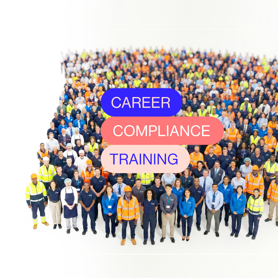 Large diverse group of people in various work uniforms standing together with overlay text career, compliance, training.