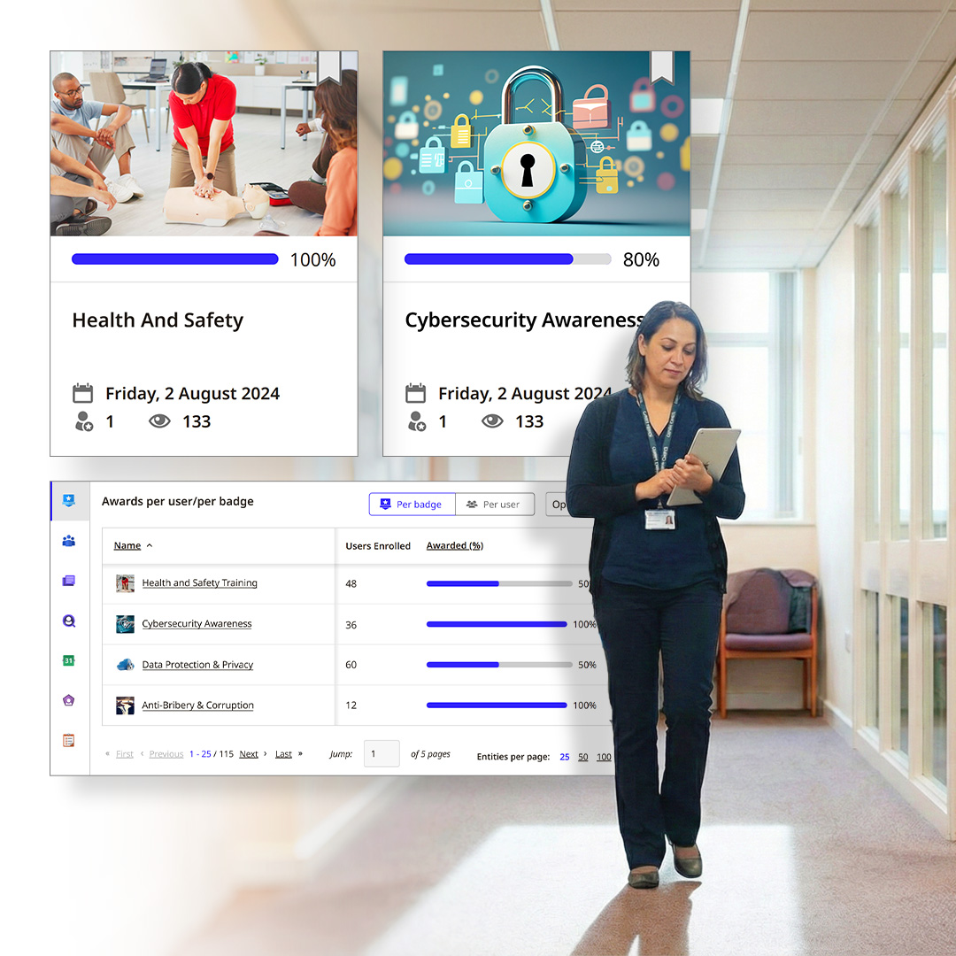 Woman walking in office hallway using a tablet with an overlay showing progress bars for training courses on Health and Safety and Cybersecurity Awareness, plus a badge awards table.