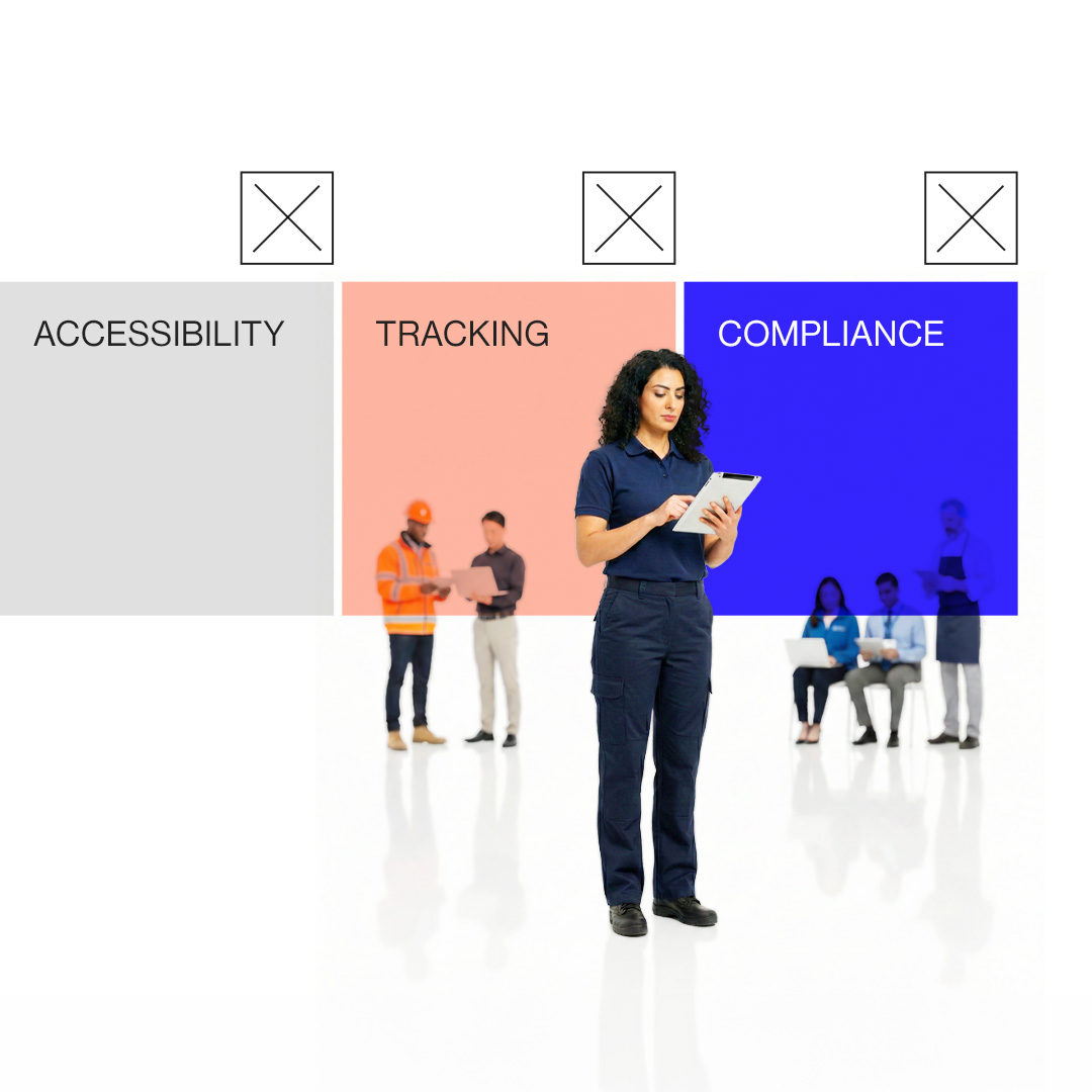 Woman in navy outfit using a digital tablet with background groups of people and overlay words accessibility, tracking, and compliance.