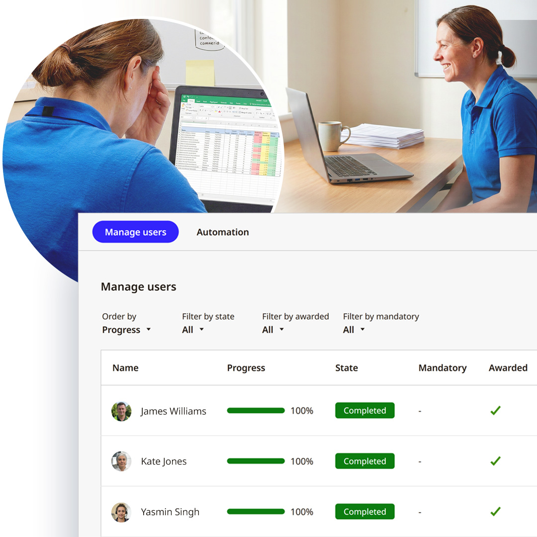 Composite image showing a woman in a blue shirt working stressed at a computer with spreadsheets, alongside a smiling woman in the same blue shirt at a laptop, and a user management interface listing three users with 100% progress and completed status.