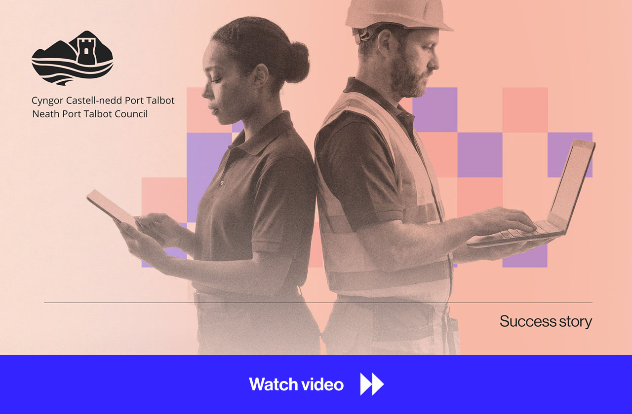 Woman holding a tablet and man in a construction helmet and vest using a laptop, standing back to back with Neath Port Talbot Council logo in the background.
