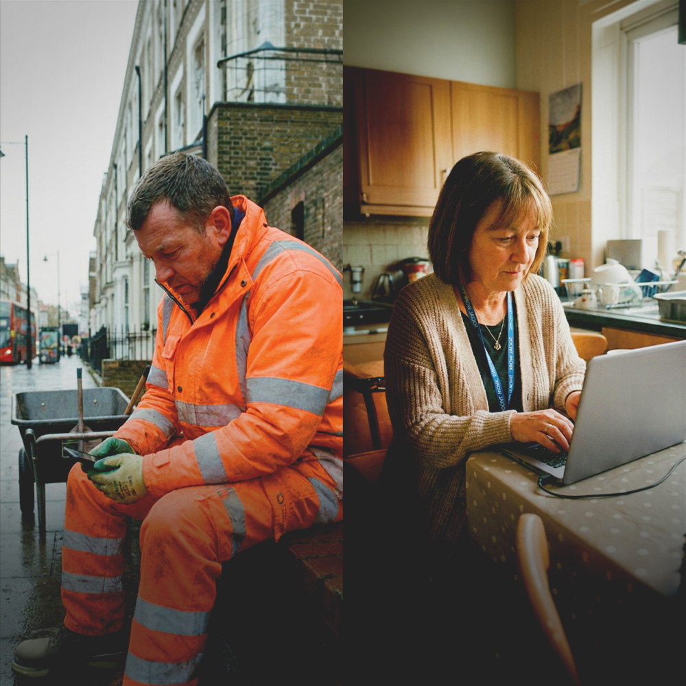Split image showing a construction worker in orange reflective gear sitting outside looking at a phone and an older woman indoors using a laptop at a kitchen table.