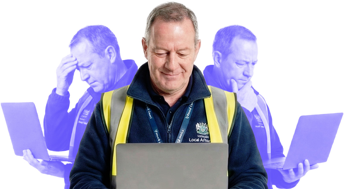 Man in a reflective safety vest looking at a laptop, with two faded images of him expressing concern and thoughtfulness in the background.