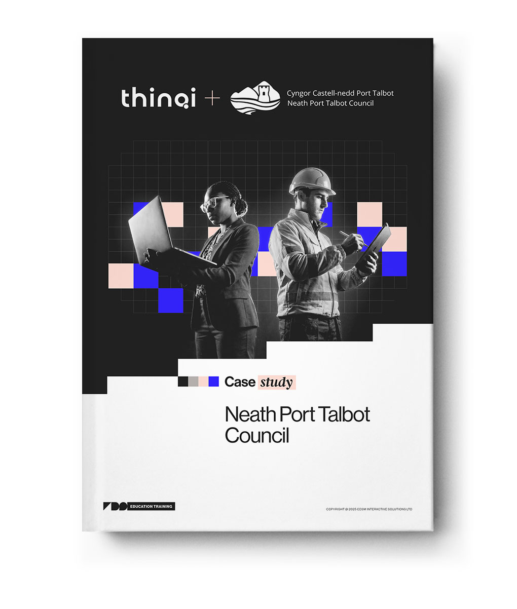 Case study cover for Neath Port Talbot Council by thinqi, featuring a man in a hard hat writing on a tablet and a woman reading from a folder against a background of blue and pink squares.