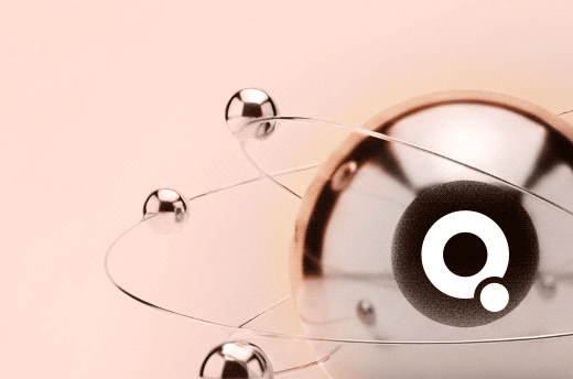 Silver atom model with orbiting spheres against a pale pink background, featuring a circular logo on the central sphere.