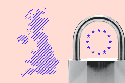 Blue striped outline of the United Kingdom map next to a silver padlock with a circle of blue stars symbolizing the European Union on the shackle.