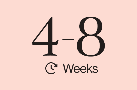 Text showing a duration of 4 to 8 weeks with a clock icon on a light pink background.