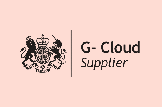 Black emblem featuring a crowned lion and a unicorn next to the text 'G-Cloud Supplier' on a pale pink background.